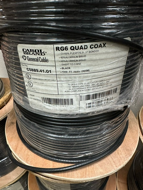 General Cable Carol Brand RG6 Quad Coax (C5889.41.01) 1000 Ft Reel, 3 GHZ, Black