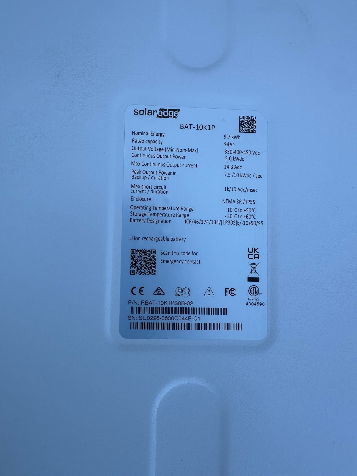 Open Box Manufacturer Refurbished SolarEdge Home Battery 10kWh RBAT-10K1PS0B-02 Warranty March 2033