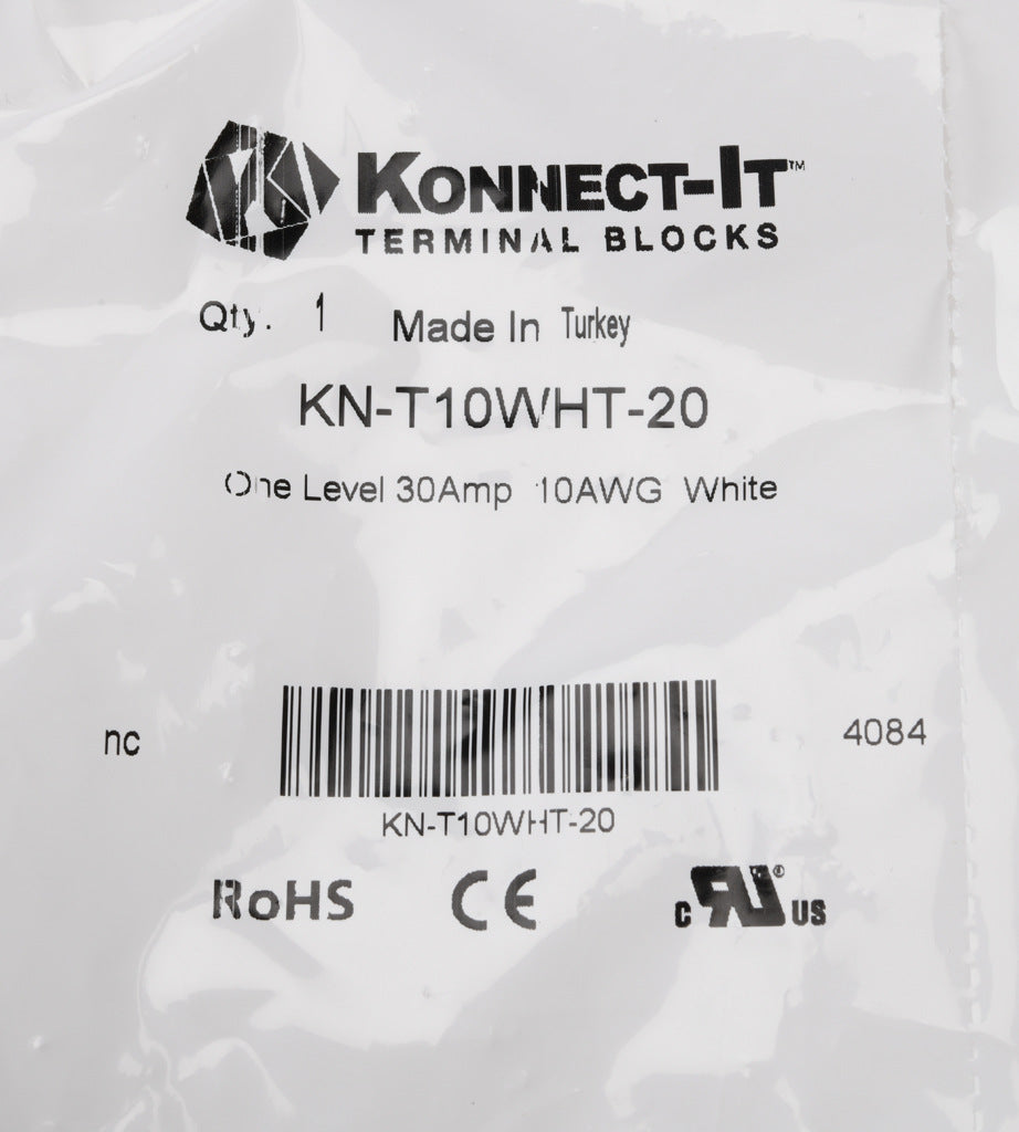 No Box 100PK Konnect-It KN-T10WHT DIN Rail Terminal Block, 10AWG, White, 30A, 300V